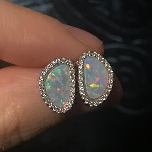 White fire opal halo earrings